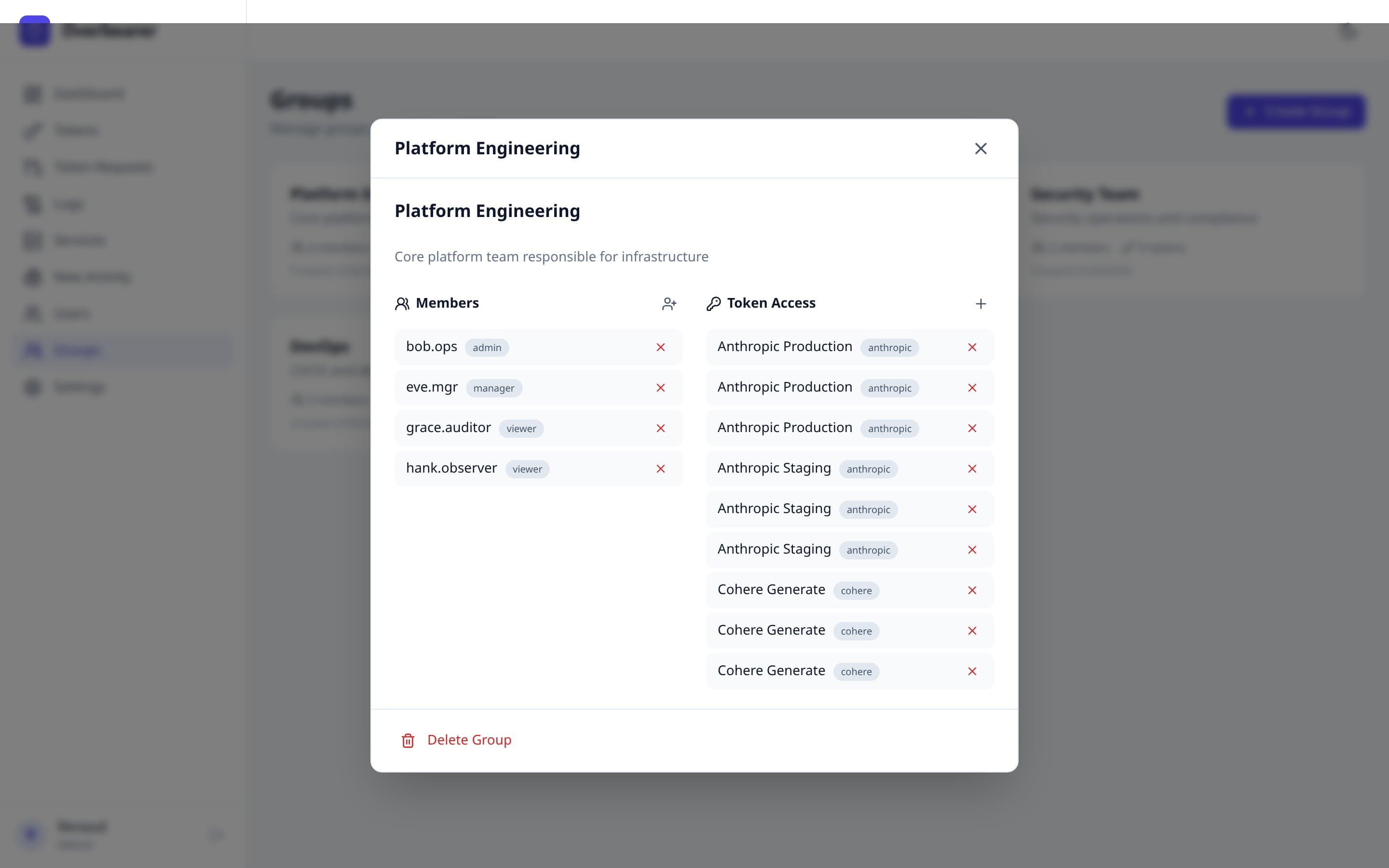 Group detail modal showing members and token access