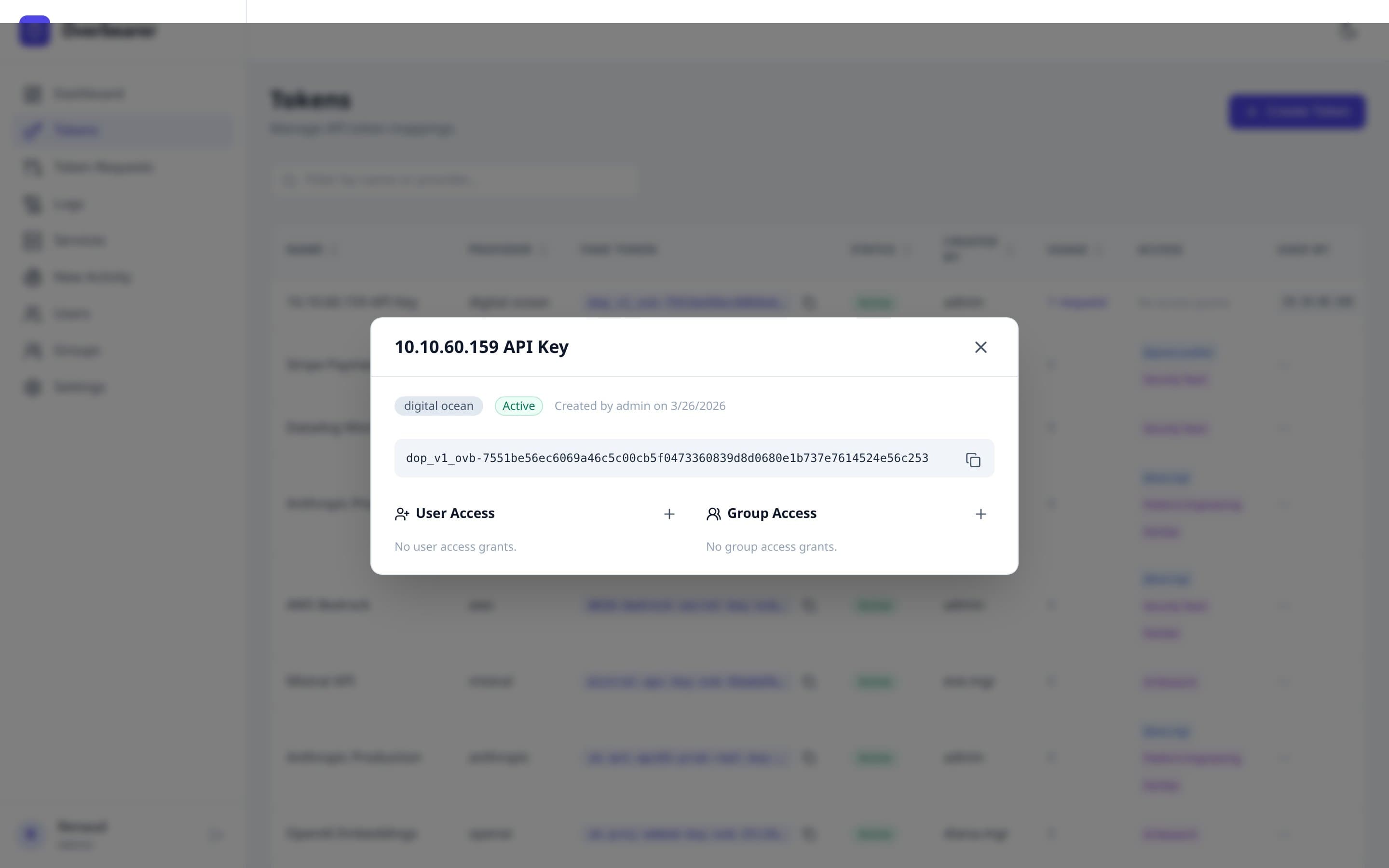 Token detail modal showing access management for users and groups