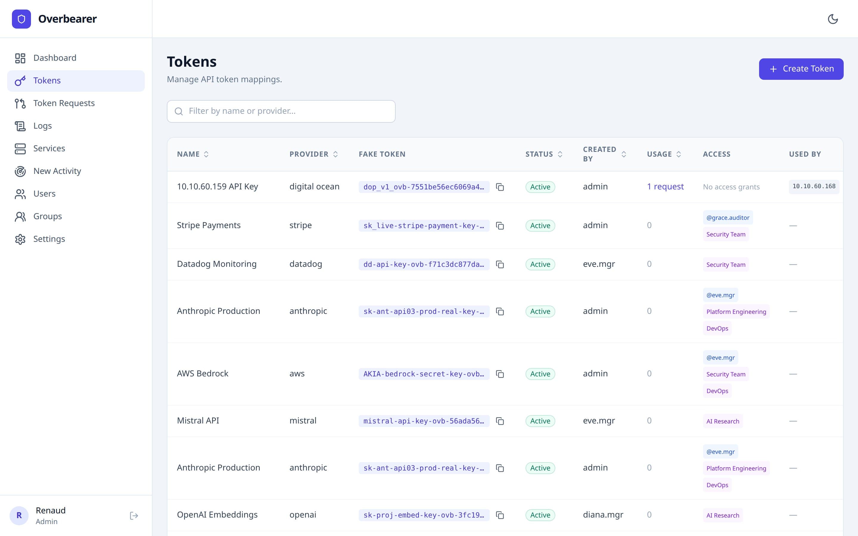 Admin tokens page
